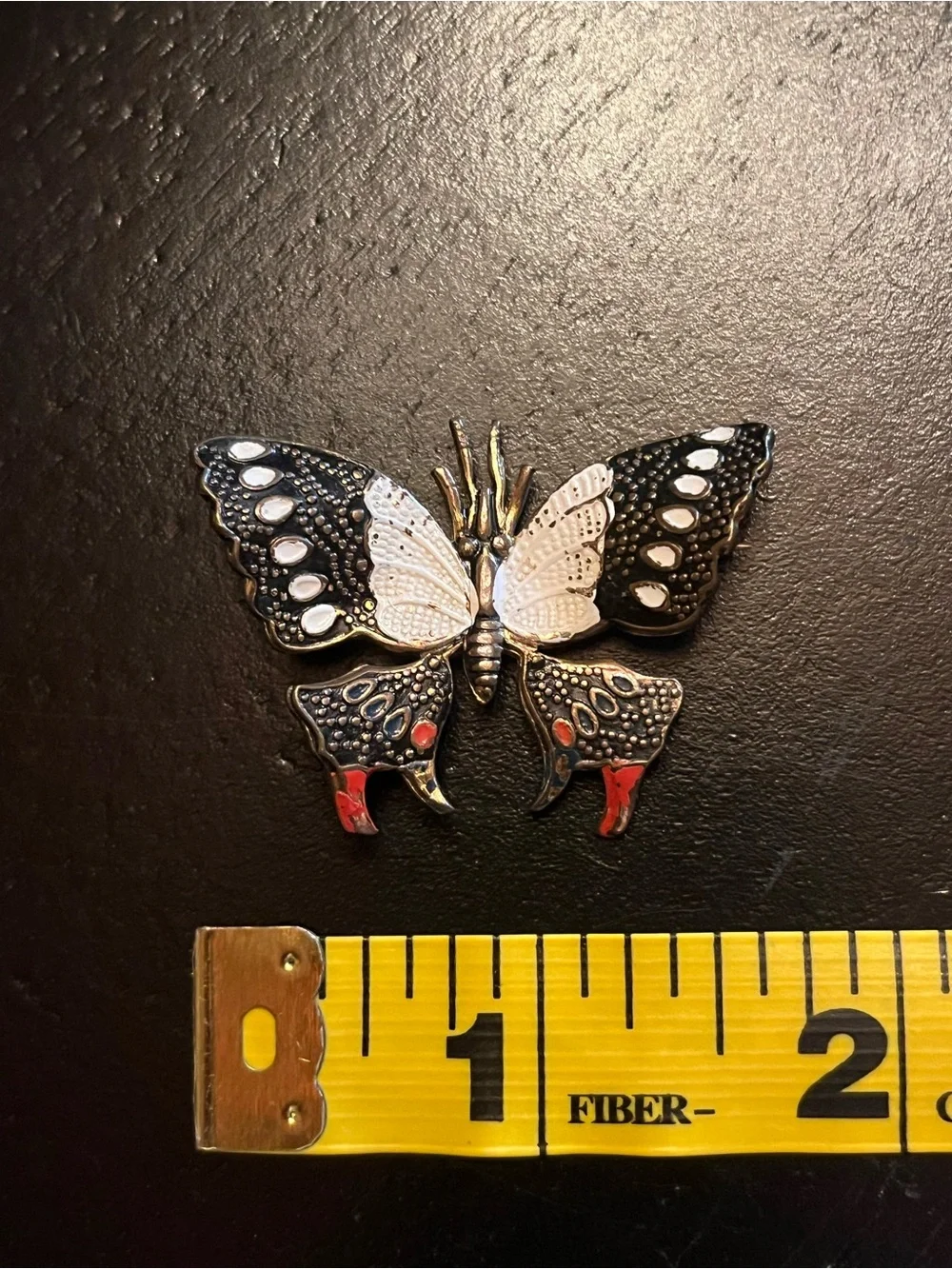 Vintage Damascene Butterfly Enamel Brooch in Black, White & Red